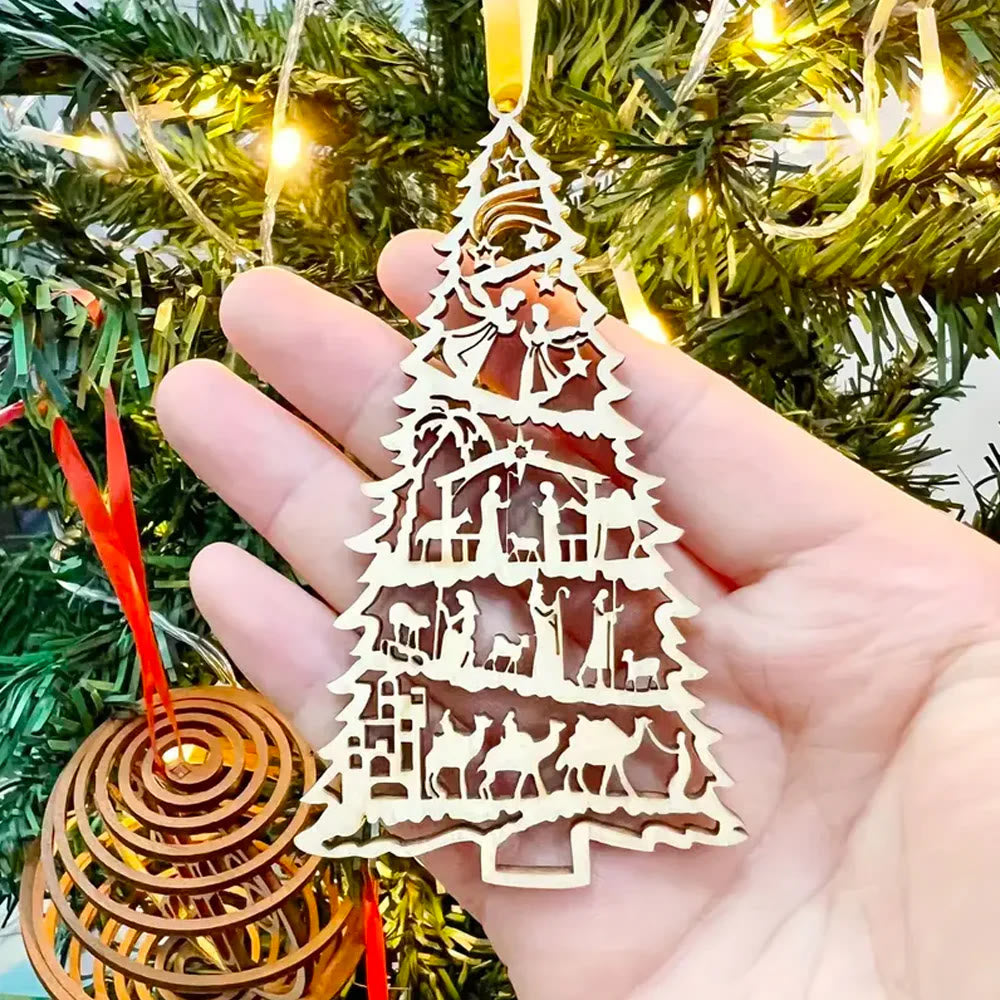 Christiandiscipleshop Classic Style Nativity Scene Tree-Shaped Wooden Christmas Nativity Hanging Ornaments