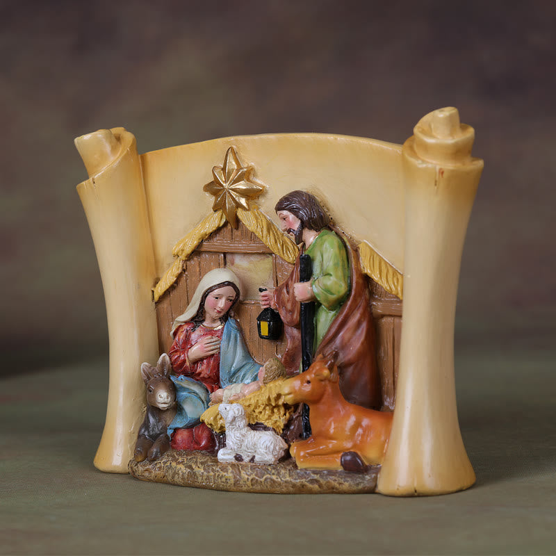 Christianartworkshop Classic Style Colorful Scroll Design Holy Family Nativity Scene Desktop Decorations Ornament