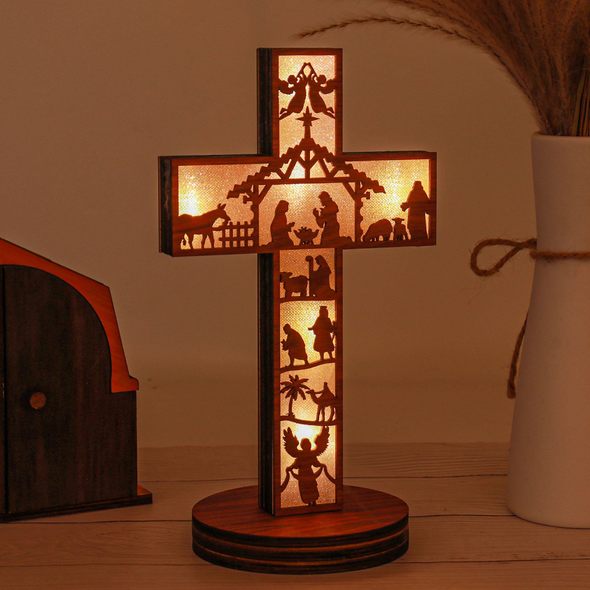 Christianartworkshop Classic Style Angels Nativity Scene Cross Light Up Wooden Desktop Decorations Ornament