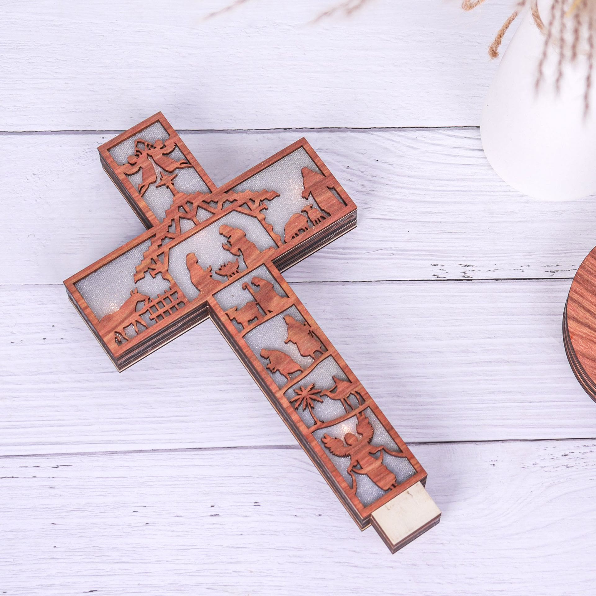 Christianartworkshop Classic Style Angels Nativity Scene Cross Light Up Wooden Desktop Decorations Ornament