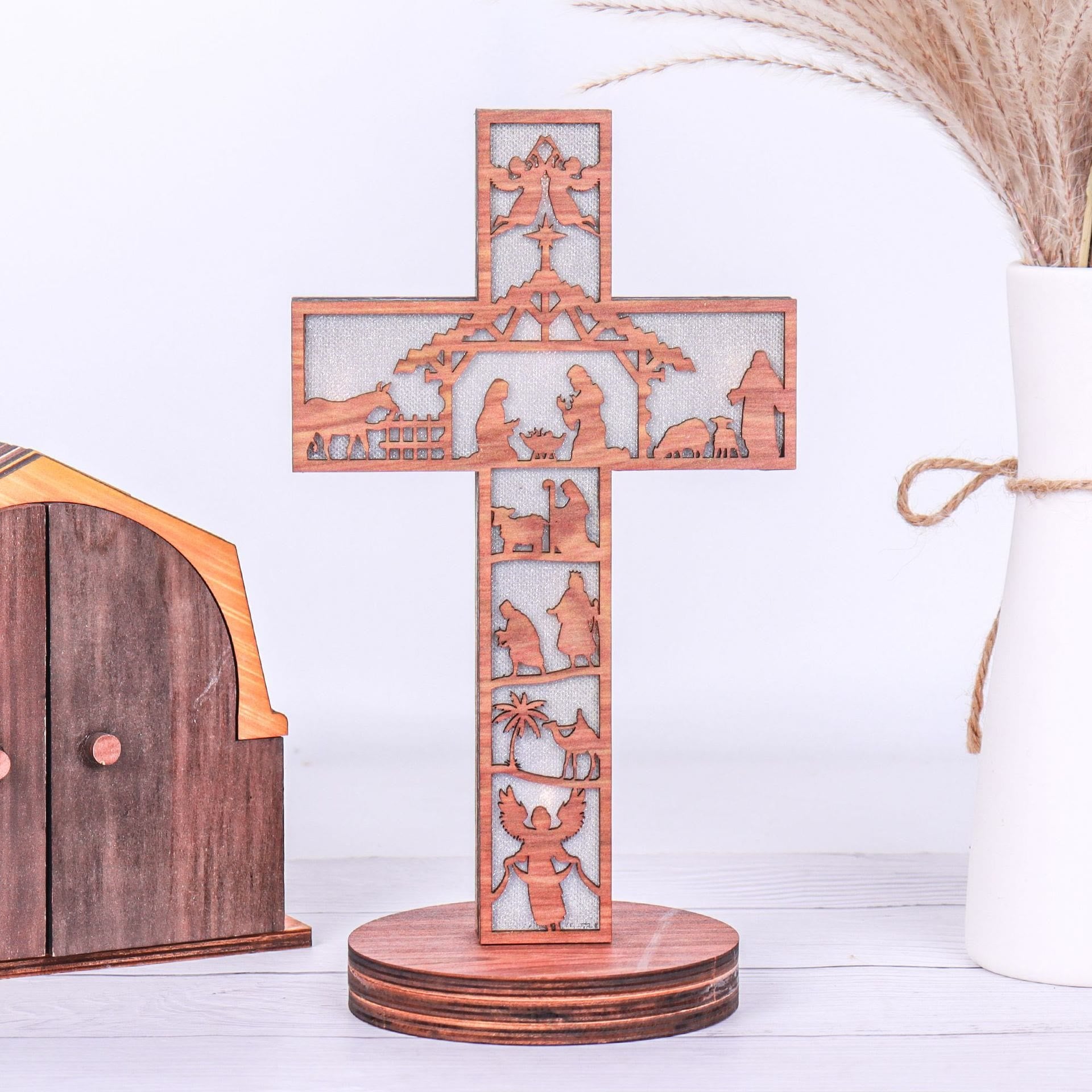 Christianartworkshop Classic Style Angels Nativity Scene Cross Light Up Wooden Desktop Decorations Ornament