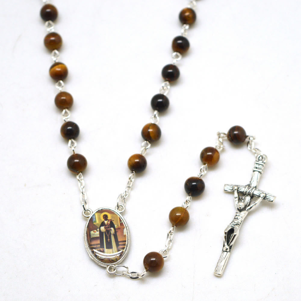 Christiandiscipleshop San Martin & Crucifix of 6 mm Round Brown Tiger Eye Stone Alloy Chain Rosary