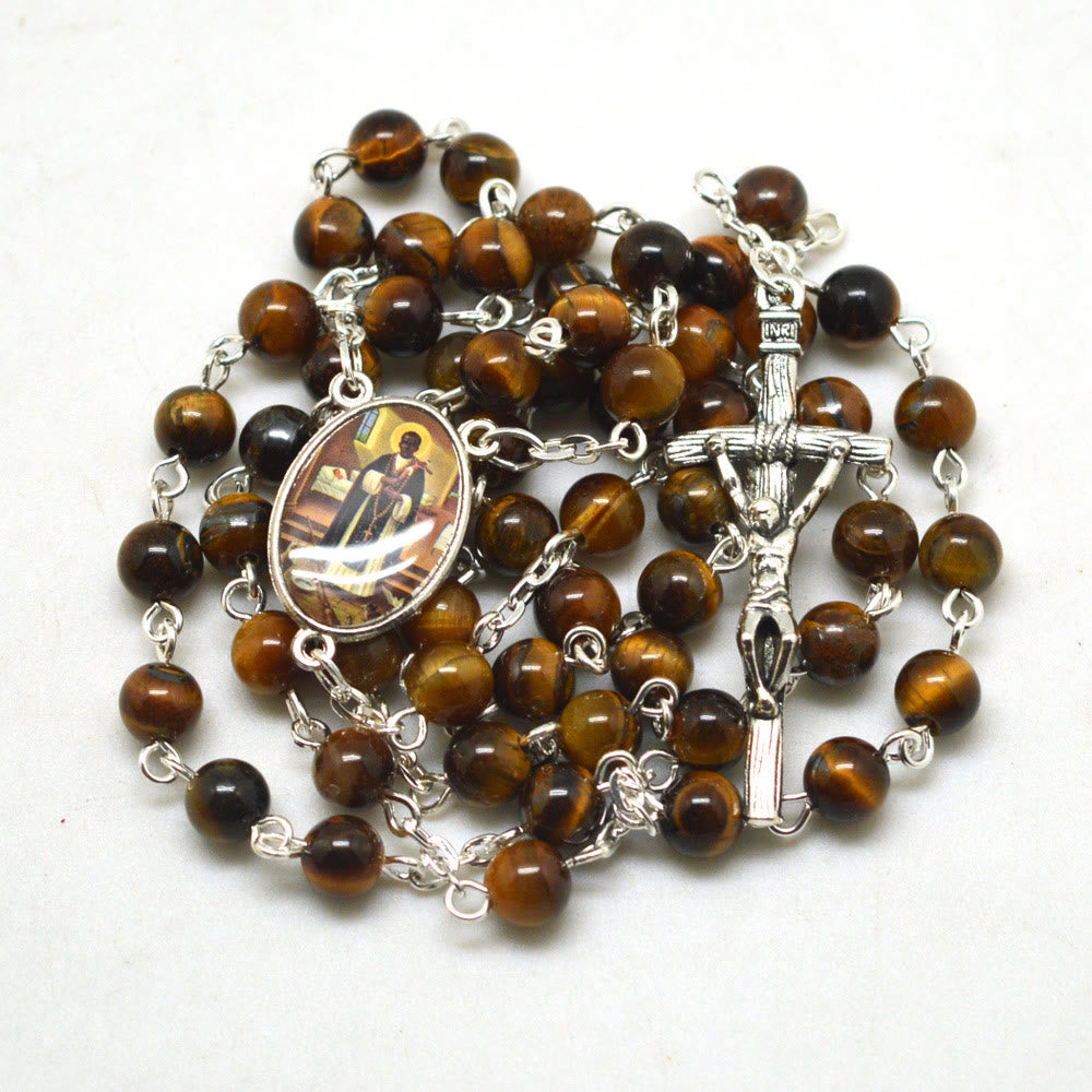 Christiandiscipleshop San Martin & Crucifix of 6 mm Round Brown Tiger Eye Stone Alloy Chain Rosary