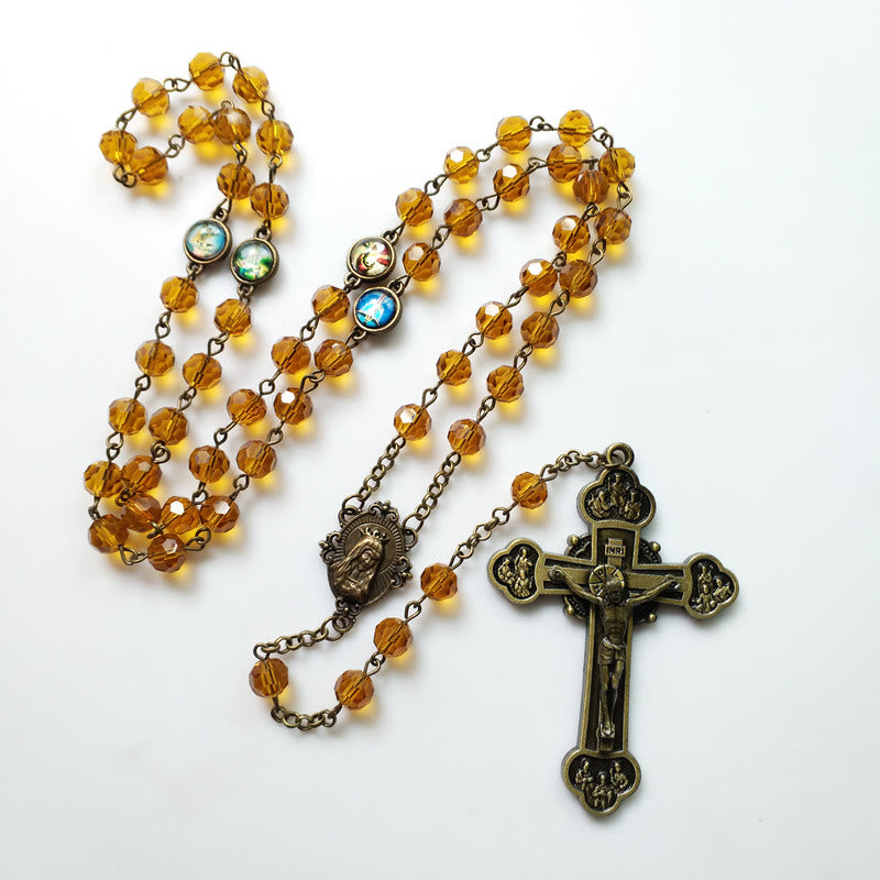 christiandiscipleshop Virgin Mary & Crucifix of 8 mm Polyhedron Yellow Glass Alloy Chain Rosary