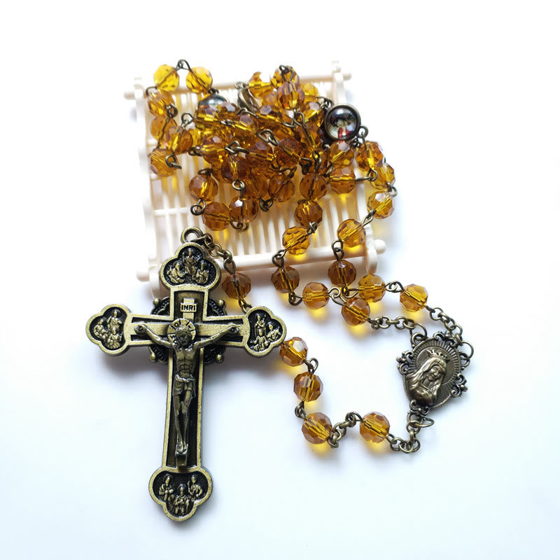 christiandiscipleshop Virgin Mary & Crucifix of 8 mm Polyhedron Yellow Glass Alloy Chain Rosary