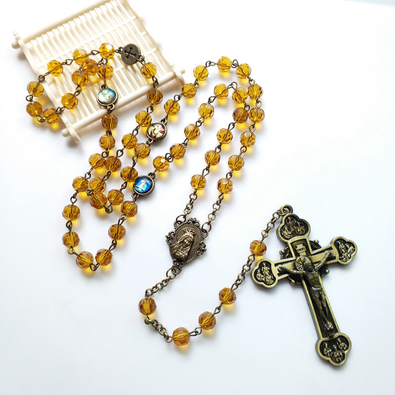 christiandiscipleshop Virgin Mary & Crucifix of 8 mm Polyhedron Yellow Glass Alloy Chain Rosary