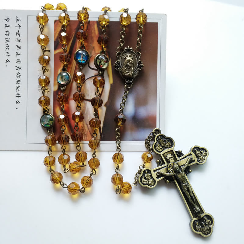 christiandiscipleshop Virgin Mary & Crucifix of 8 mm Polyhedron Yellow Glass Alloy Chain Rosary
