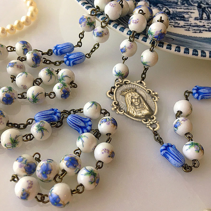 christiandiscipleshop Immaculate Heart of Mary & Crucifix of 8 mm Round Blue Floral Acrylic Alloy Chain Rosary