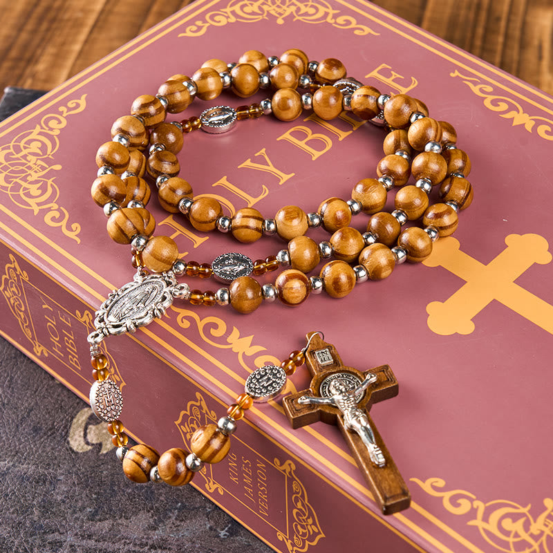 christiandiscipleshop Miraculous Medal & Crucifix of 8 mm Round Brown Wood Nylon Cord Rosary