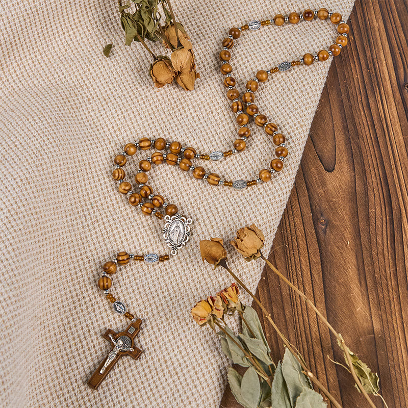 christiandiscipleshop Miraculous Medal & Crucifix of 8 mm Round Brown Wood Nylon Cord Rosary