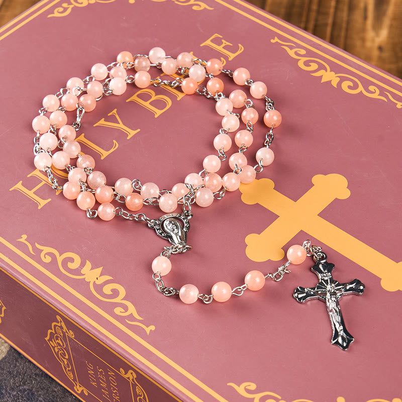 Christiandiscipleshop Our Lady of Rosary & Crucifix of 6 mm Round Pink Agate Alloy Chain Rosary