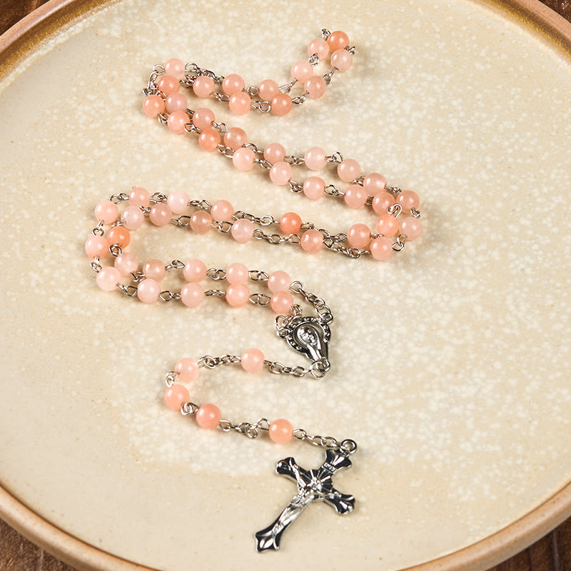 Christiandiscipleshop Our Lady of Rosary & Crucifix of 6 mm Round Pink Agate Alloy Chain Rosary