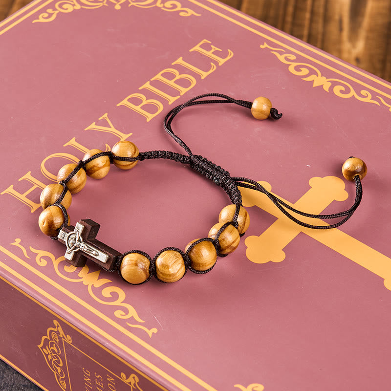 christiandiscipleshop Jesus Bless Us Crucifix Round Beads Wenge/Pine Wooden Bracelet