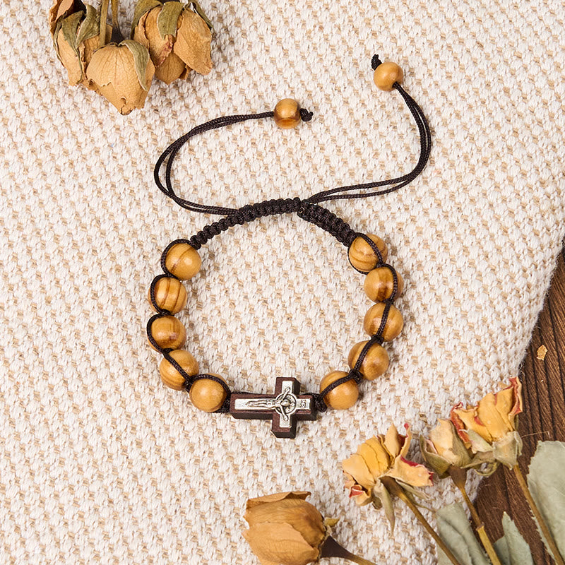 christiandiscipleshop Jesus Bless Us Crucifix Round Beads Wenge/Pine Wooden Bracelet