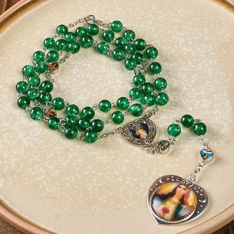 christiandiscipleshop Jesus Mary Double-Sided Medal & Sacred Heart of Our Lady of 8mm Round Green Glass Alloy Chain Rosary