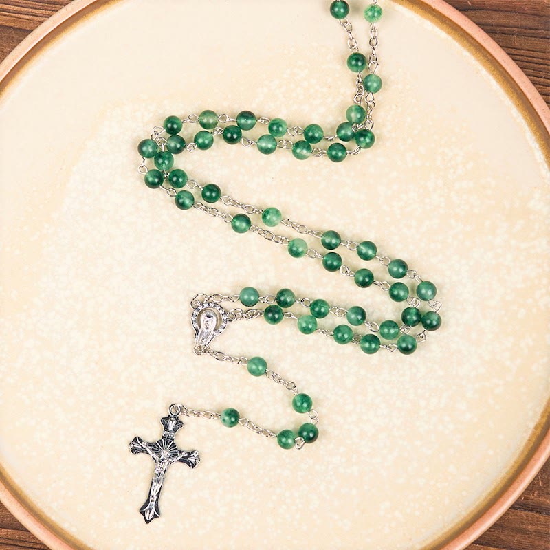 Christiandiscipleshop Our Lady of Rosary & Crucifix of 6mm Round Green Agate Alloy Chain Rosary