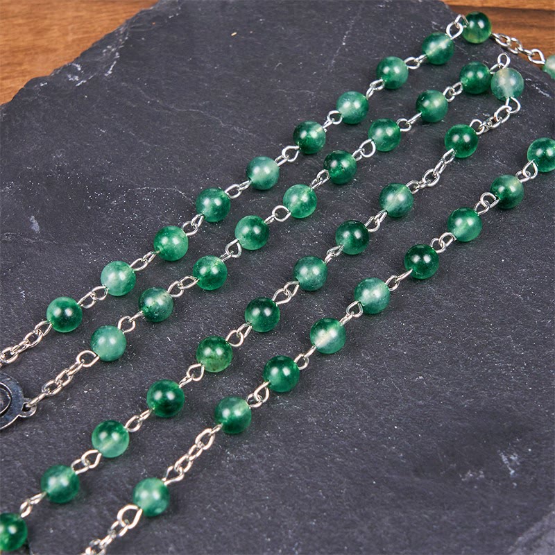 Christiandiscipleshop Our Lady of Rosary & Crucifix of 6mm Round Green Agate Alloy Chain Rosary
