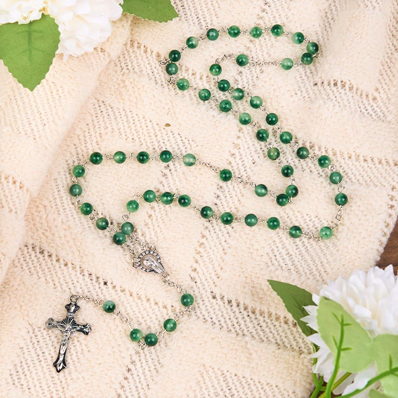 Christiandiscipleshop Our Lady of Rosary & Crucifix of 6mm Round Green Agate Alloy Chain Rosary