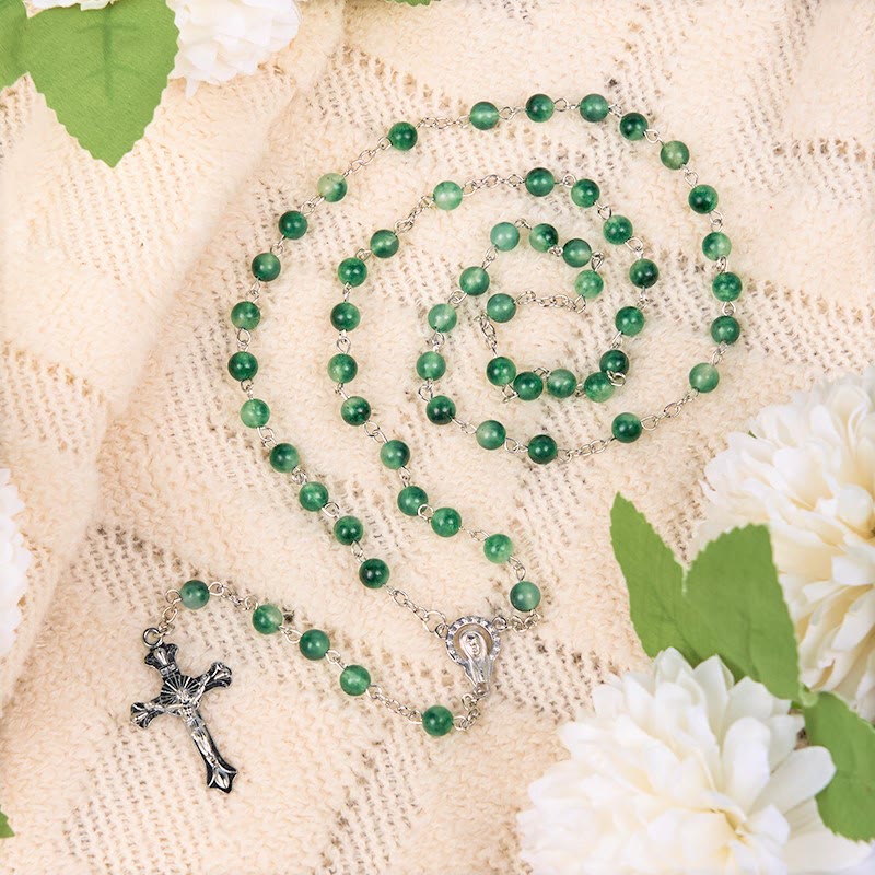 Christiandiscipleshop Our Lady of Rosary & Crucifix of 6mm Round Green Agate Alloy Chain Rosary