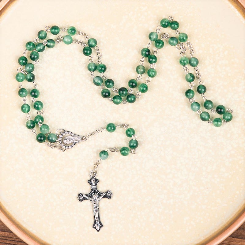 Christiandiscipleshop Our Lady of Rosary & Crucifix of 6mm Round Green Agate Alloy Chain Rosary