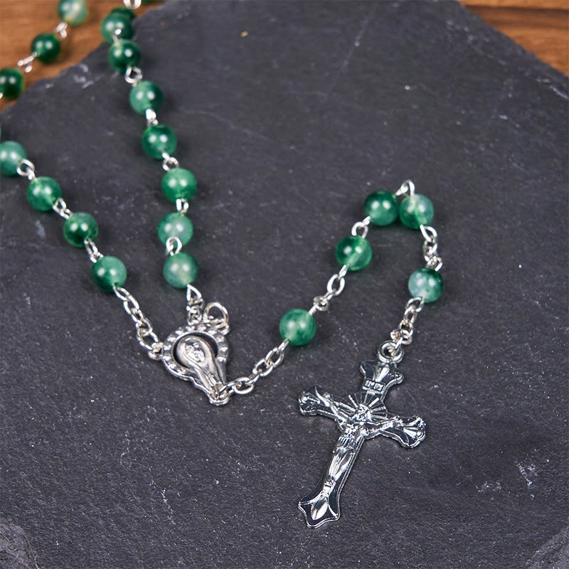 Christiandiscipleshop Our Lady of Rosary & Crucifix of 6mm Round Green Agate Alloy Chain Rosary