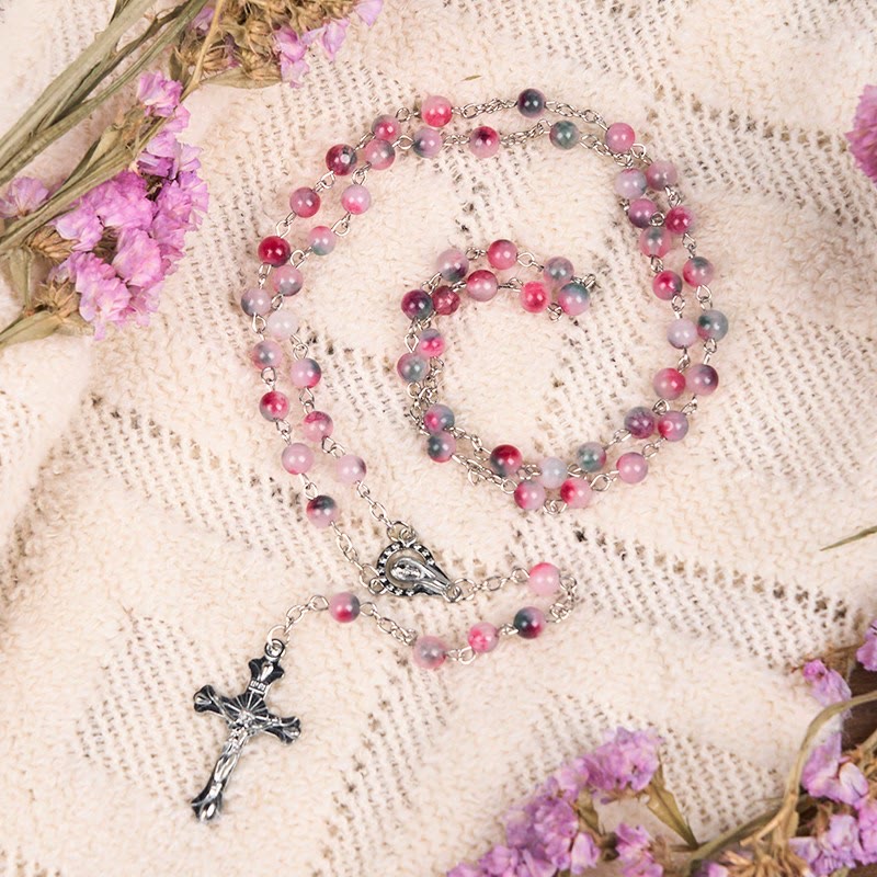 Christiandiscipleshop Our Lady of Rosary & Crucifix of 6mm Round Multi-pink Agate Alloy Chain Rosary