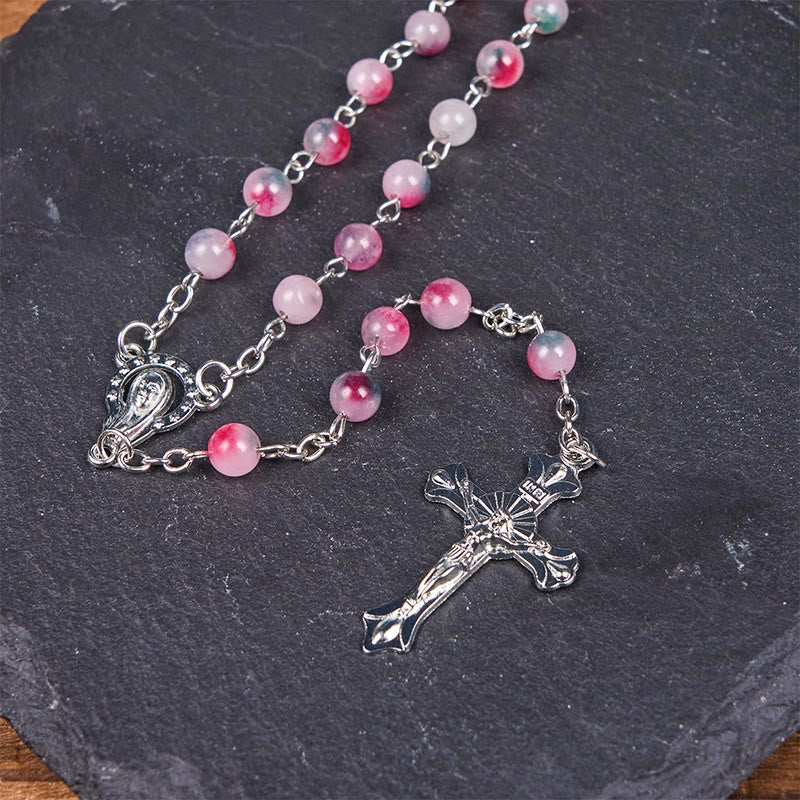 Christiandiscipleshop Our Lady of Rosary & Crucifix of 6mm Round Multi-pink Agate Alloy Chain Rosary