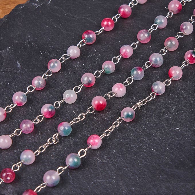 Christiandiscipleshop Our Lady of Rosary & Crucifix of 6mm Round Multi-pink Agate Alloy Chain Rosary