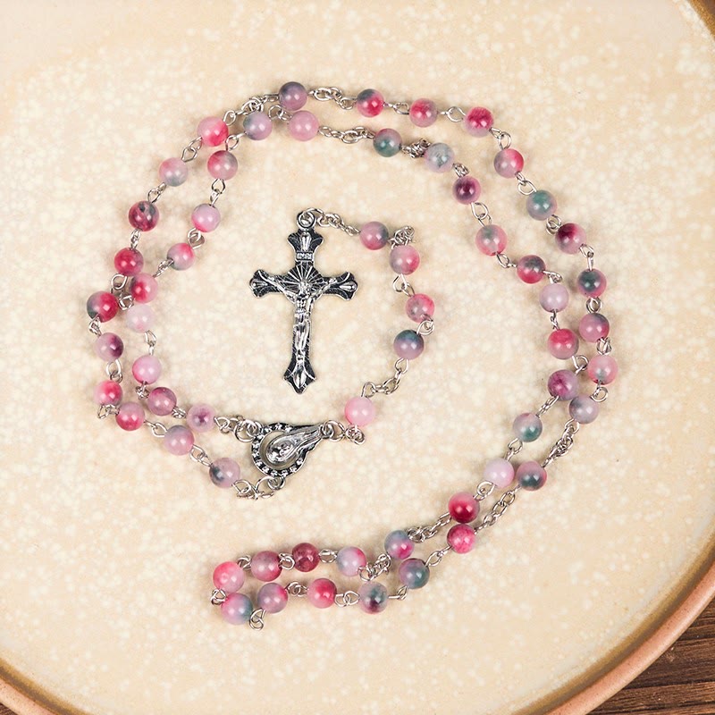 Christiandiscipleshop Our Lady of Rosary & Crucifix of 6mm Round Multi-pink Agate Alloy Chain Rosary