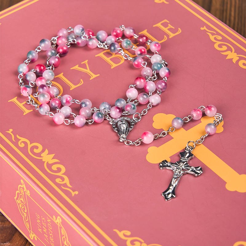 Christiandiscipleshop Our Lady of Rosary & Crucifix of 6mm Round Multi-pink Agate Alloy Chain Rosary