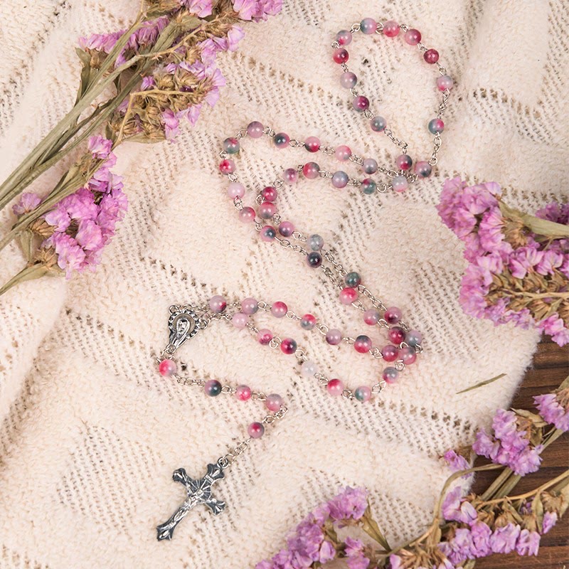 Christiandiscipleshop Our Lady of Rosary & Crucifix of 6mm Round Multi-pink Agate Alloy Chain Rosary