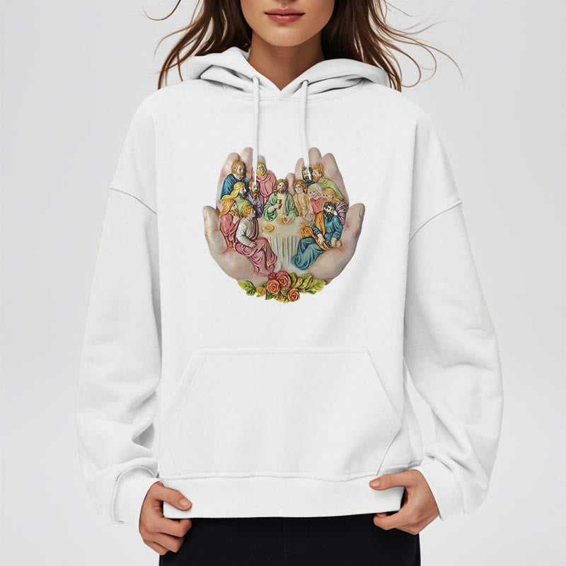 christiandiscipleshop Modern Colored Style Last Supper in God's Hands Fleece Lined Polyester Hoodie
