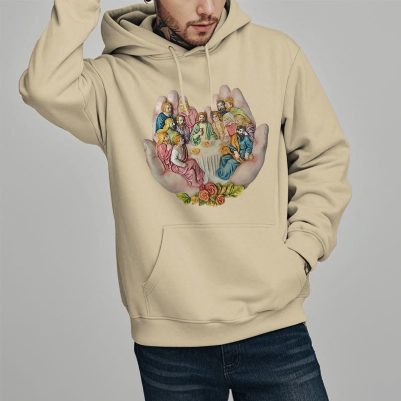 christiandiscipleshop Modern Colored Style Last Supper in God's Hands Fleece Lined Polyester Hoodie