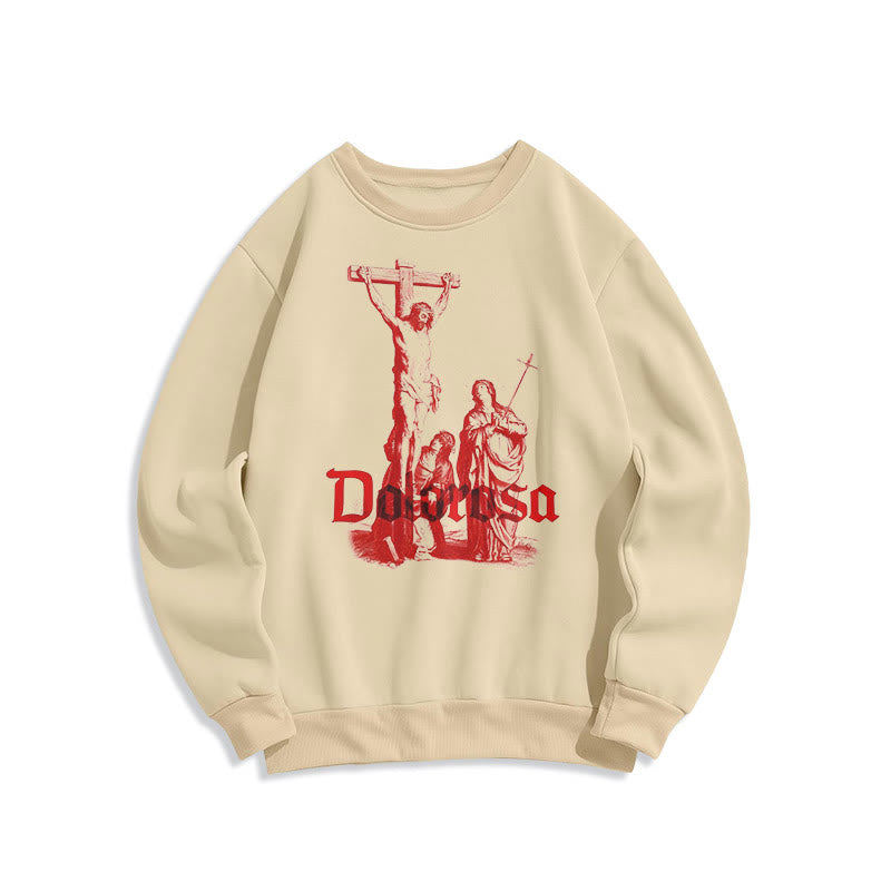 Christiandiscipleshop Classic Style Dolorosa Crucifix Jesus Sacred Faith Fleece Lined Polyester Sweatshirt