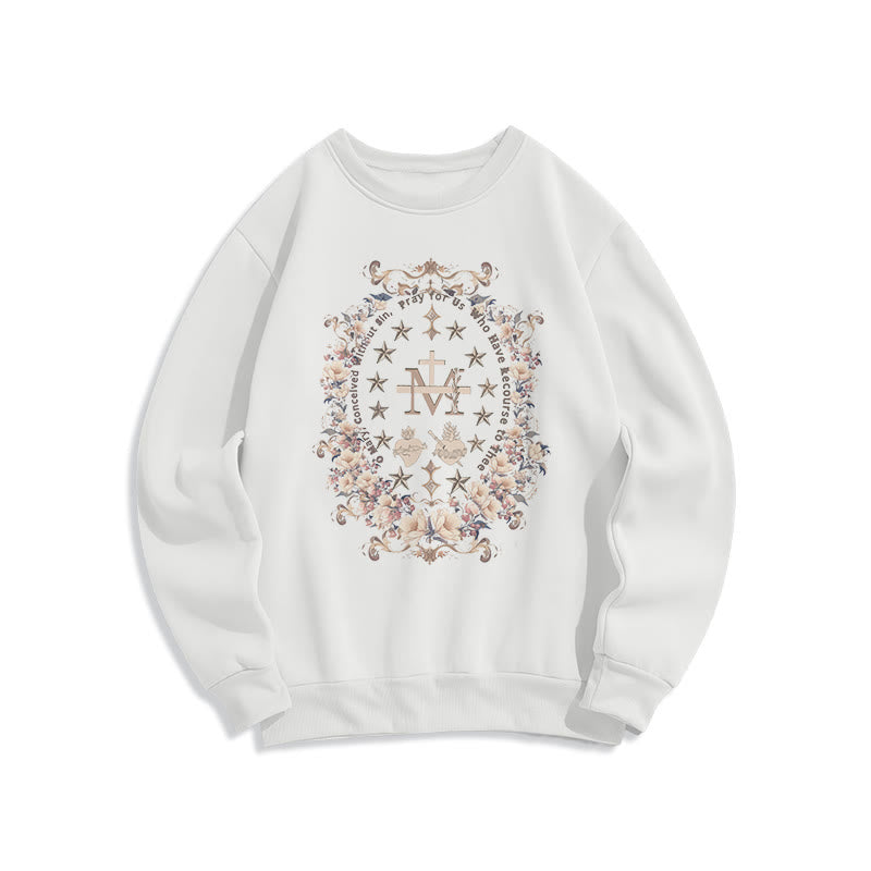 christiandiscipleshop Modern Style Floral Cross Virgin Mary Fleece Lined Polyester Sweatshirt