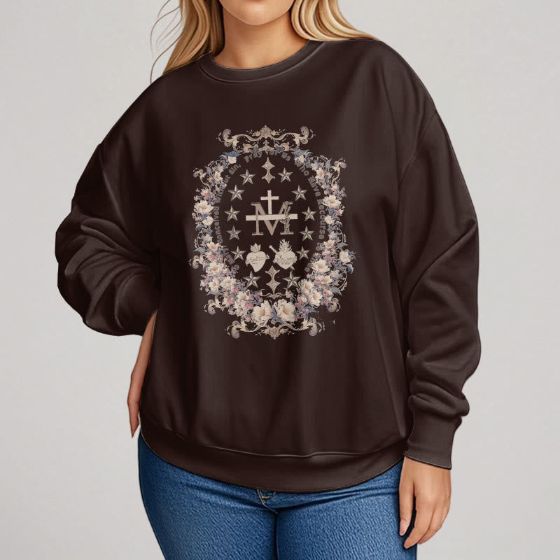 christiandiscipleshop Modern Style Floral Cross Virgin Mary Fleece Lined Polyester Sweatshirt