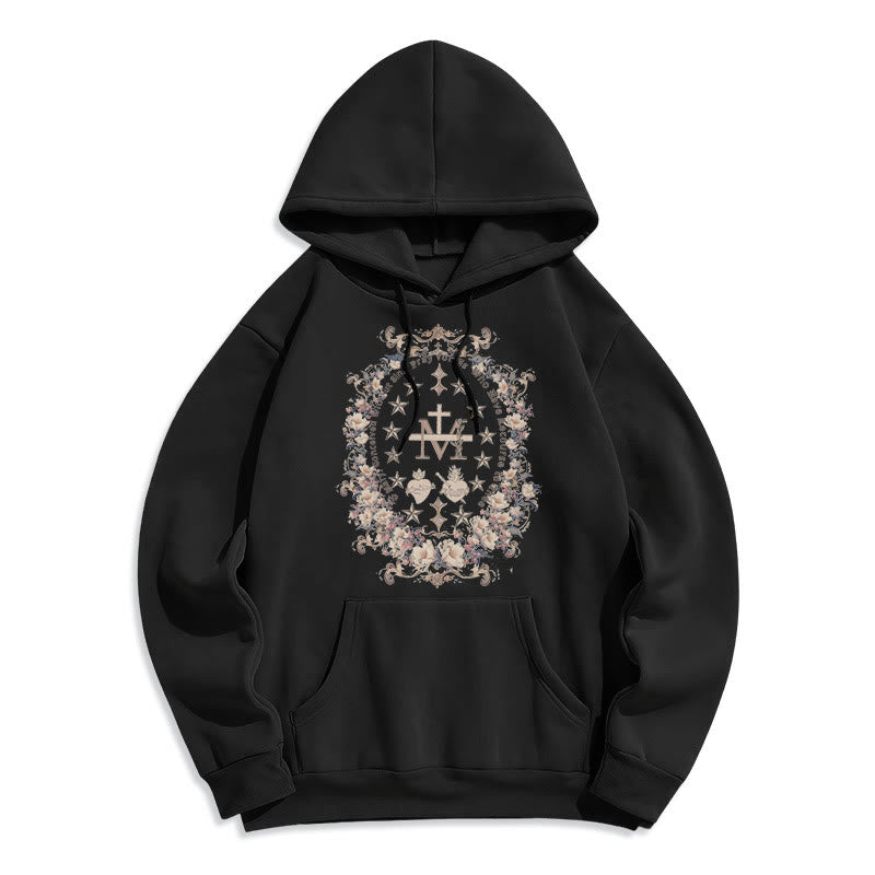 christiandiscipleshop Modern Style Floral Cross Virgin Mary Fleece Lined Polyester Hoodie