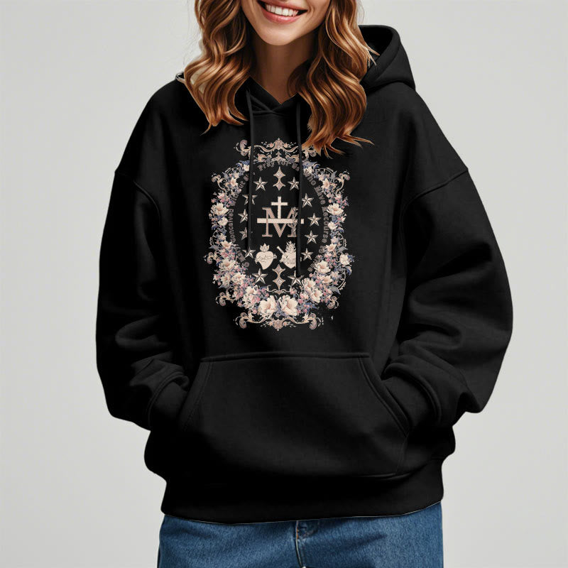christiandiscipleshop Modern Style Floral Cross Virgin Mary Fleece Lined Polyester Hoodie