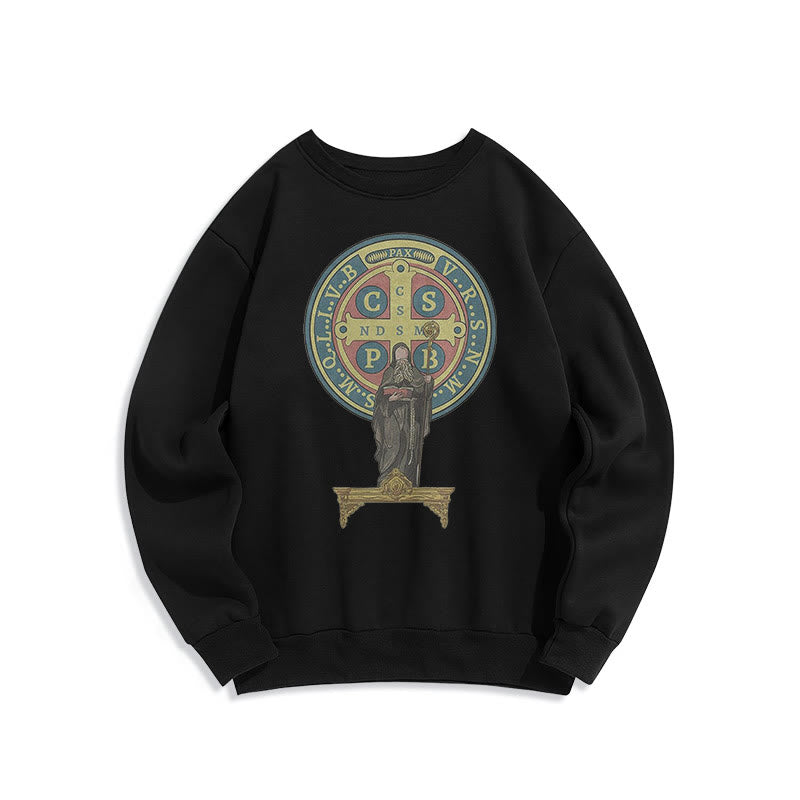 Christianartworkshop Classic Colored Style St. Benedict Medal Statue Fleece Lined Polyester Sweatshirt