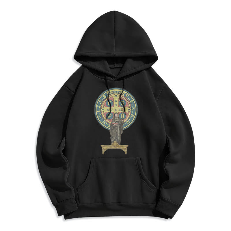 Christianartworkshop Classic Colored Style St. Benedict Medal Statue Fleece Lined Polyester Hoodie