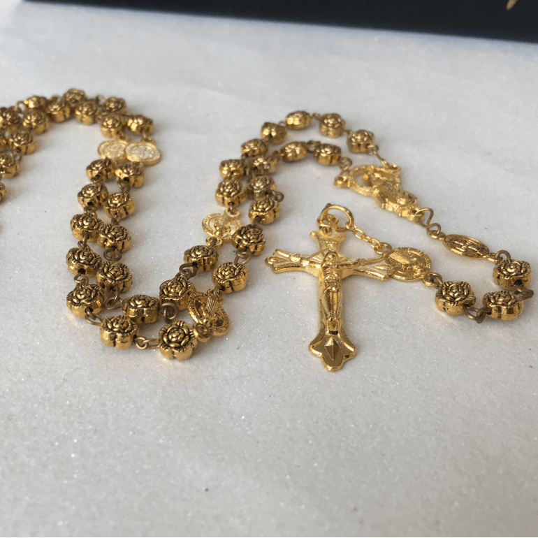 christiandiscipleshop Virgin Mary & Crucifix of 6 mm Rose Retro Gold Copper Alloy Chain Rosary