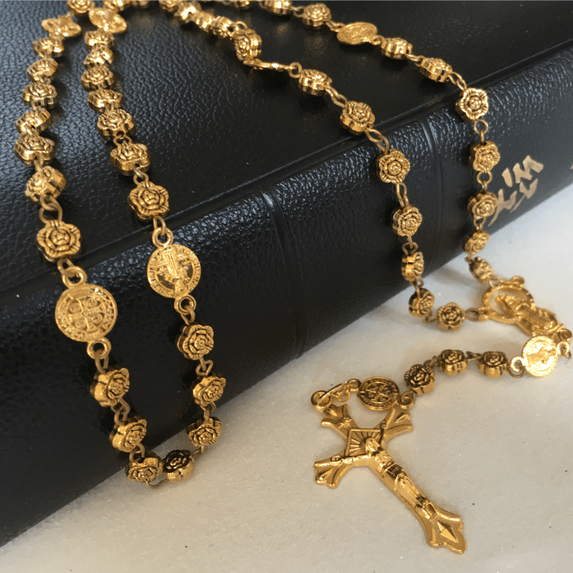 christiandiscipleshop Virgin Mary & Crucifix of 6 mm Rose Retro Gold Copper Alloy Chain Rosary