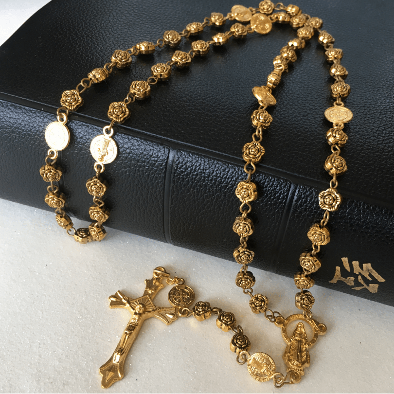 christiandiscipleshop Virgin Mary & Crucifix of 6 mm Rose Retro Gold Copper Alloy Chain Rosary