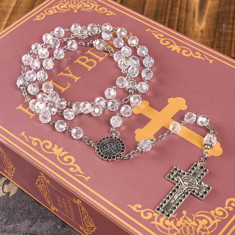 Christiandiscipleshop St. Benedict Medal & Crucifix of 8mm Polyhedron Clear Crystal Alloy Chain Rosary