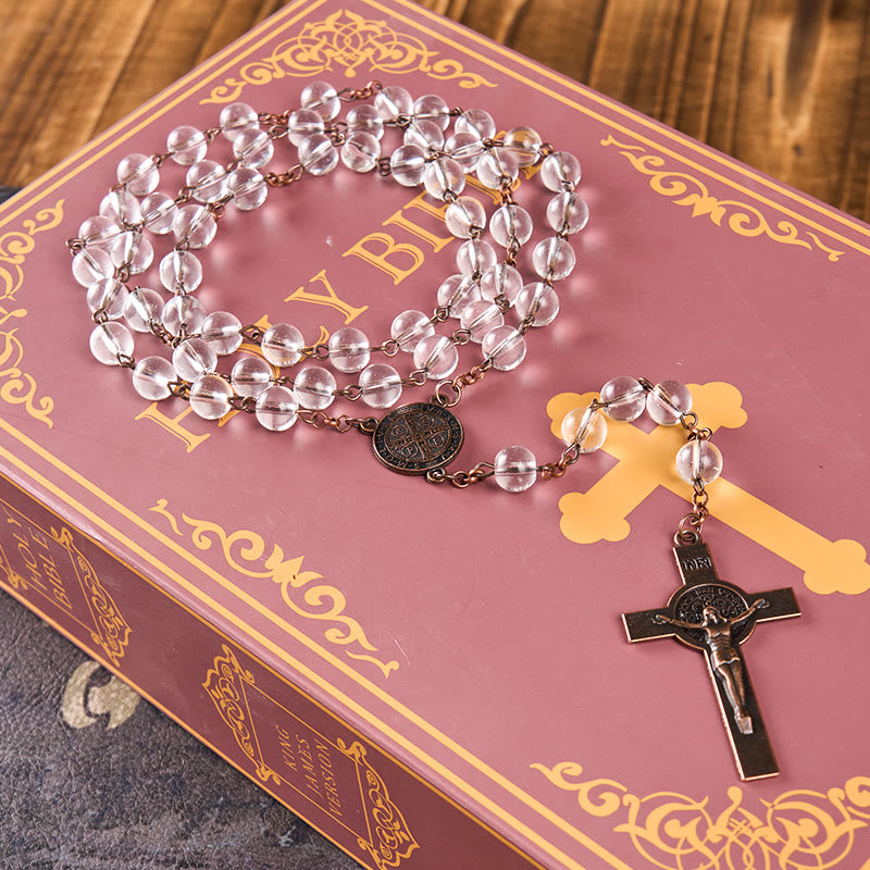 Christiandiscipleshop St. Benedict Medal & Crucifix of 8mm Round Clear Glass Alloy Chain Rosary