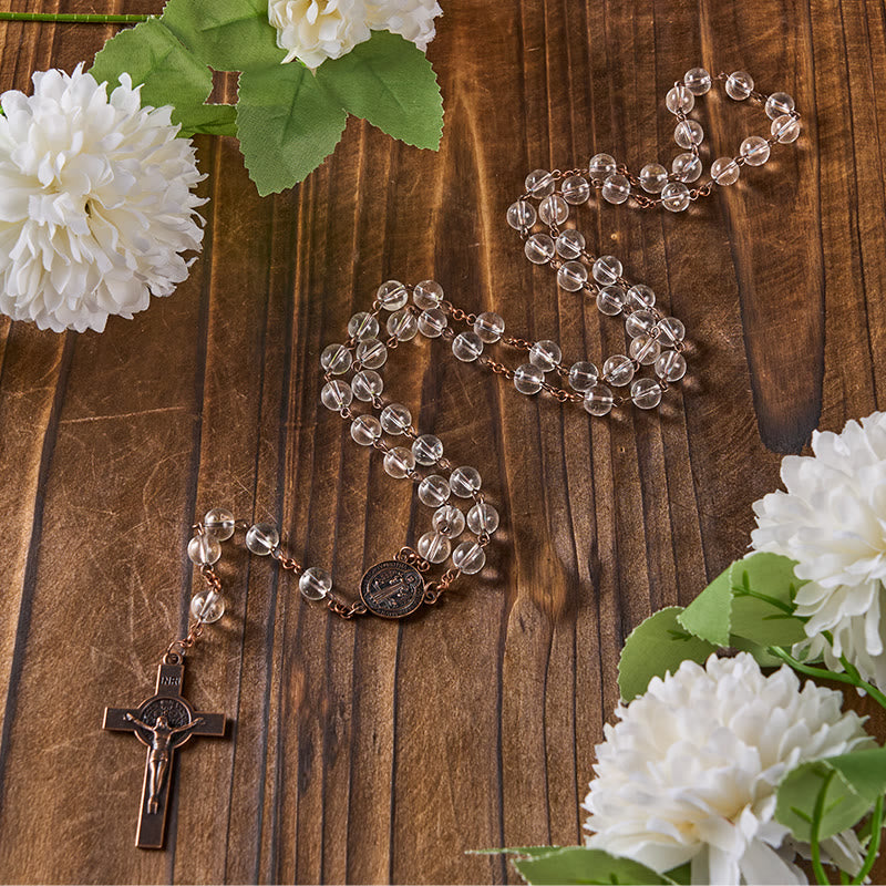 Christiandiscipleshop St. Benedict Medal & Crucifix of 8mm Round Clear Glass Alloy Chain Rosary