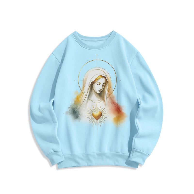 christiandiscipleshop Modern Style Halo Sacred Heart Virgin Mary Fleece Lined Polyester Sweatshirt