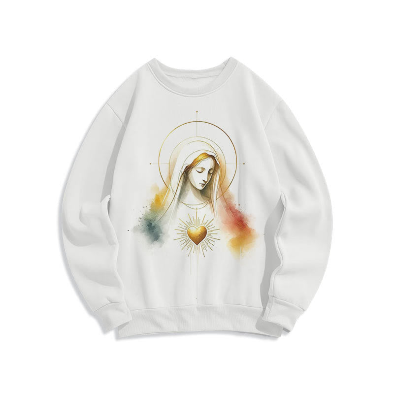 christiandiscipleshop Modern Style Halo Sacred Heart Virgin Mary Fleece Lined Polyester Sweatshirt