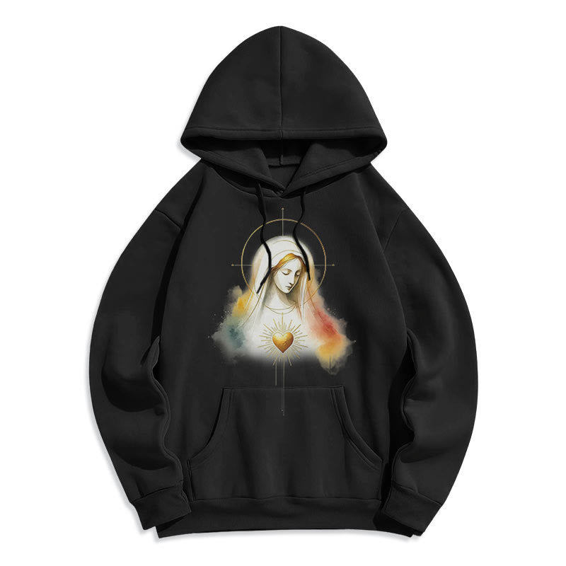 christiandiscipleshop Modern Style Halo Sacred Heart Virgin Mary Fleece Lined Polyester Hoodie