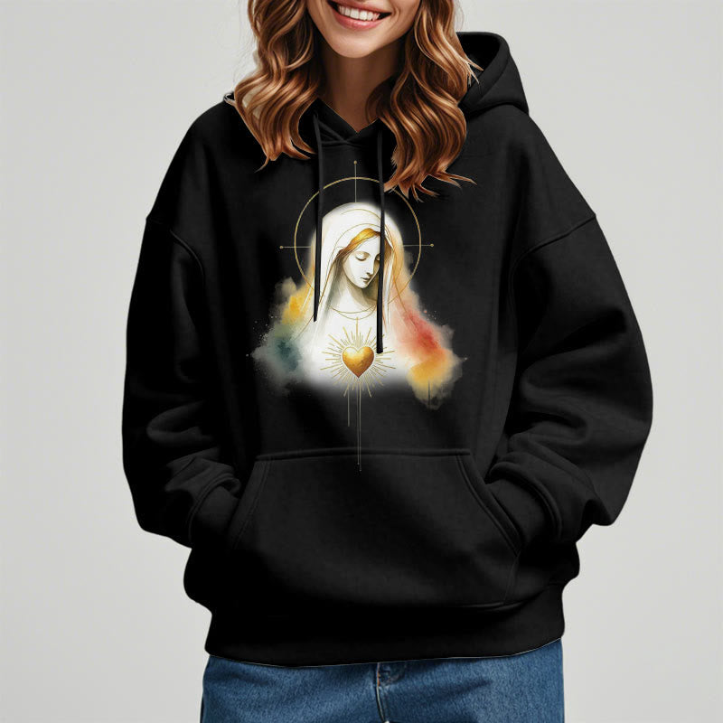 christiandiscipleshop Modern Style Halo Sacred Heart Virgin Mary Fleece Lined Polyester Hoodie